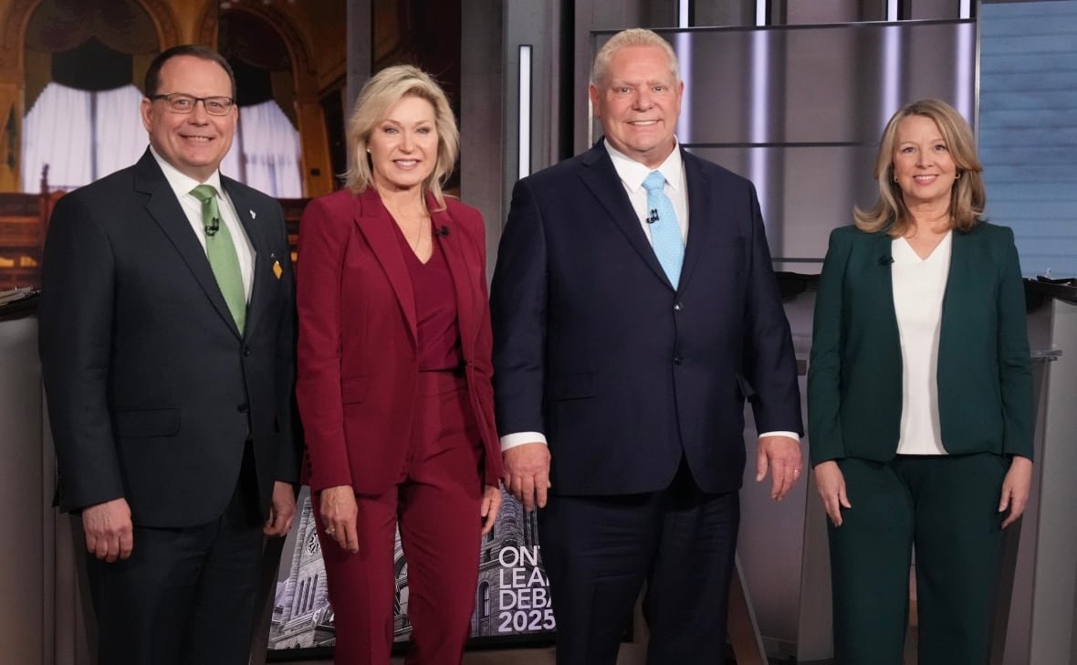elxn-ont-20250217-1 Left to right: Ontario Green Party Leader Mike Schreiner, Ontario Liberal Leader Bonnie Crombie, Ontario PC Leader Doug Ford, and Ontario NDP Leader Marit Stiles pose for a photo