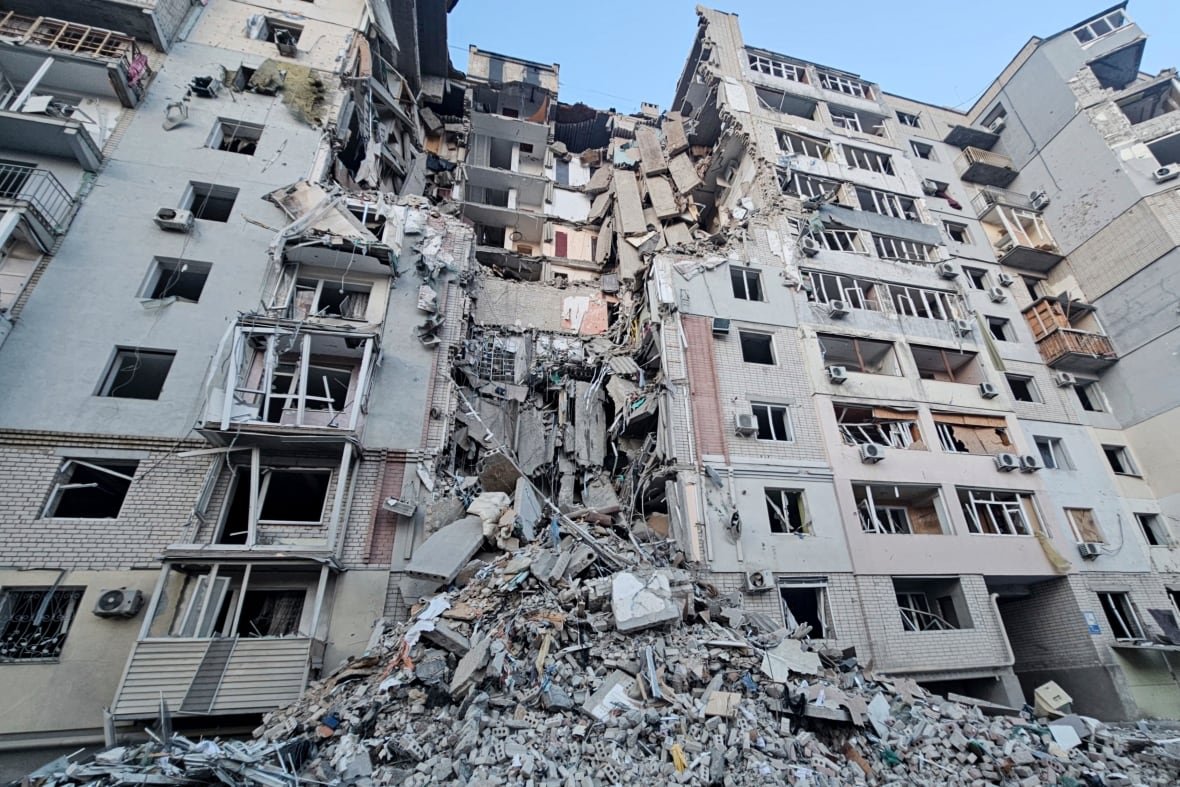 The exterior of a building in Kherson, Ukraine, which was damaged by a Russian strike.
