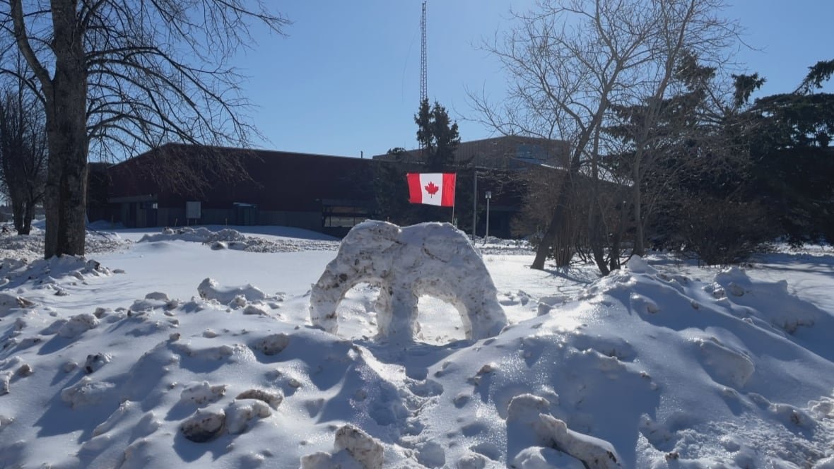 flag-day-elephant A Canadian flag is displayed on top of an elephant sculpture made of snow.