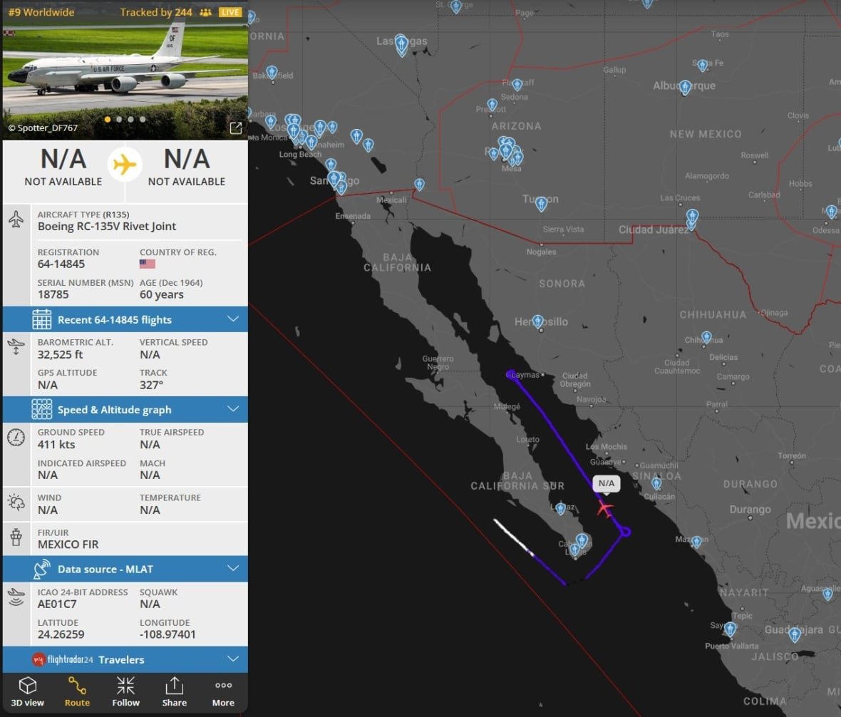 flightpath-rivet-joint On Monday, a USAF spy plane loitered in the Sea of Cortes off Mexico's narco heartland of the Sierra Madre Occidental mountains, provoking debate over whether it had infringed on Mexican airspace.