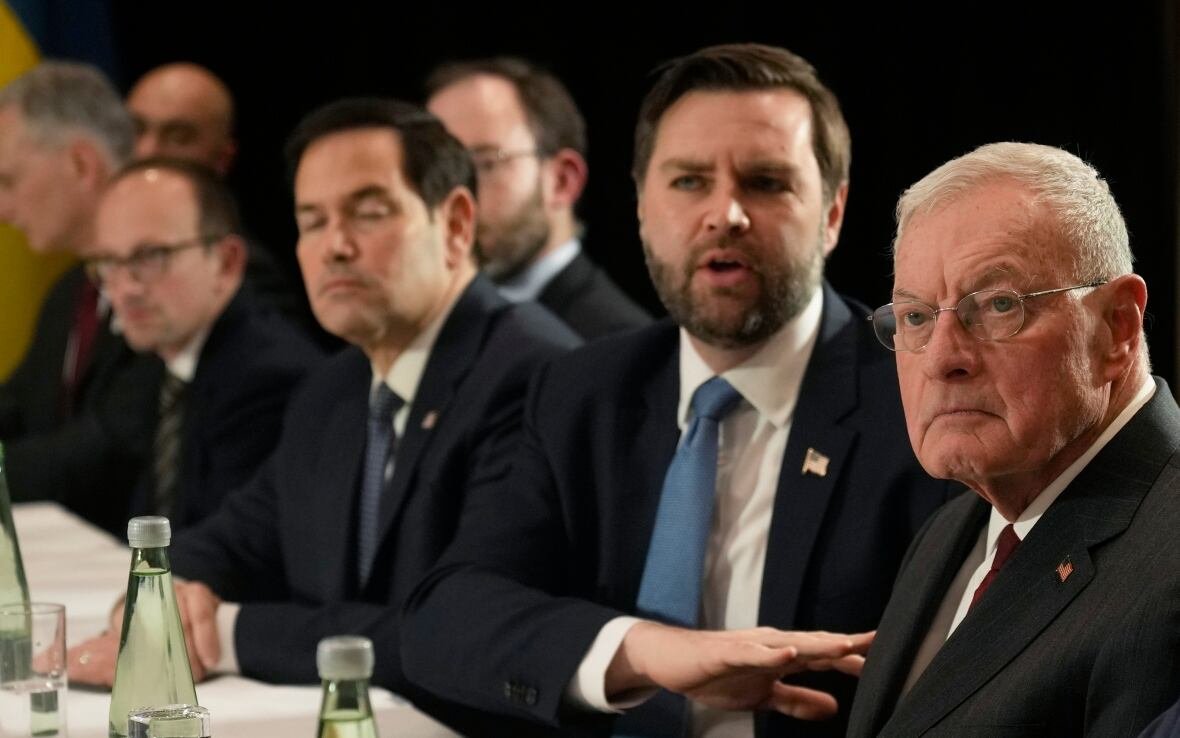 From right, U.S. Special Envoy Keith Kellogg, United States Vice-President JD Vance and United States Secretary of State Marco Rubio meet with Ukraine's President Volodymyr Zelenskyy on the sidelines of the Munich Security Conference in Munich, Germany on Friday.