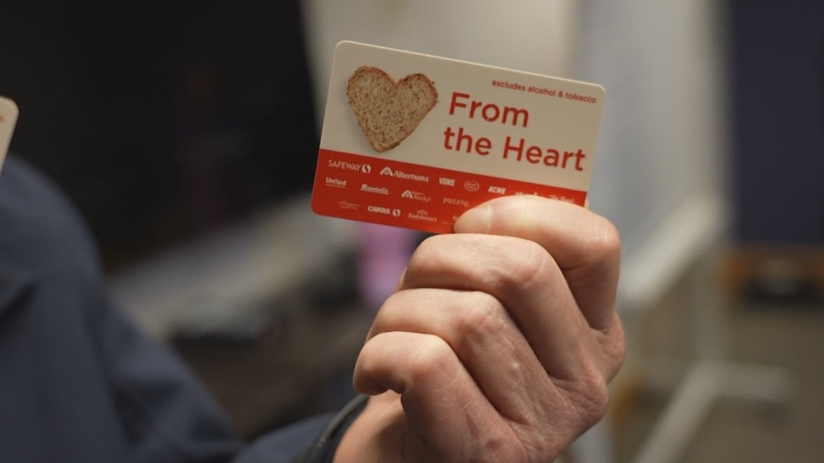 A grocery store gift card is held in a hand.