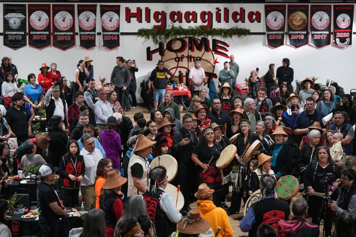 haida-title-20250217-1 Members of the Haida Nation sing and drum in Skidegate, B.C.