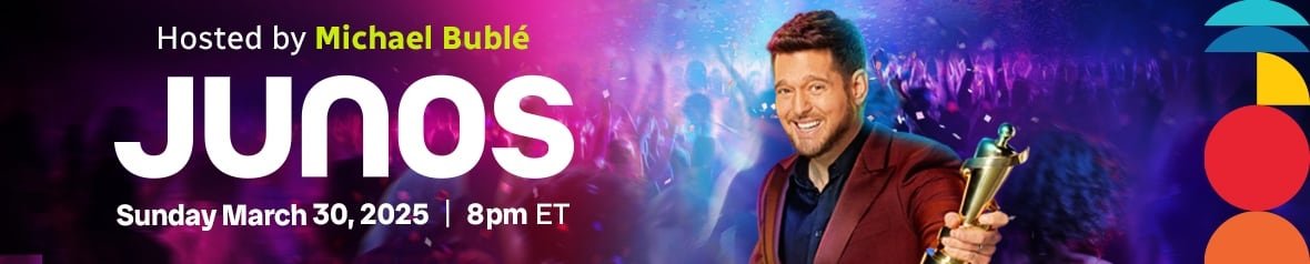 junos-2025-boilerplate-3 A graphic that reads: Hosted by Michael Bublé, JUNOS, Sunday March 20, 2025 at 8pm. There's an image of Bublé to the right, wearing a burgundy suit and holding a Juno.