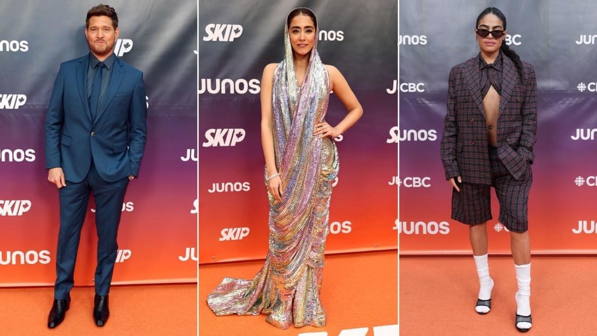 Michael Bublé, Jonita Gandhi and Jessie Reyez pose on the red carpet.