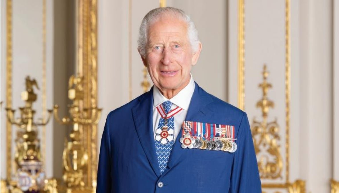king-charles A white-haired man in a blue blazer with several medals on his chest poses for a photo.