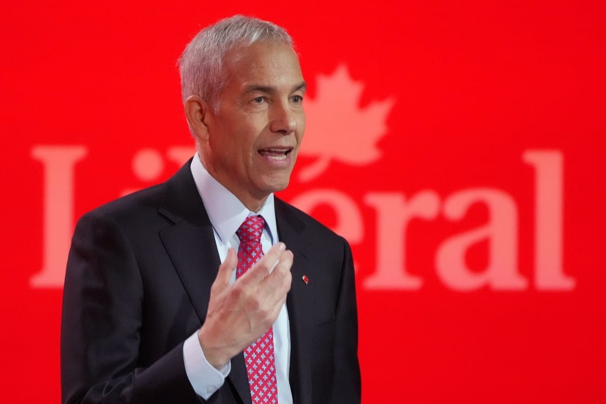 liberal-leadership-debate-20250224-1 Liberal Party of Canada leadership candidate Frank Baylis speaks during the French-language Liberal Leadership debate in Montreal, Monday, Feb. 24, 2025. The Federal Liberals will pick a new leader on March 9.