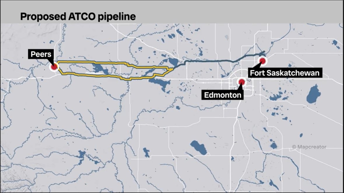 a grey map of Northern Alberta with three red dots showing where Peers, Edmonton, and Fort Saskatchewan are and lines showing where the pipeline would run