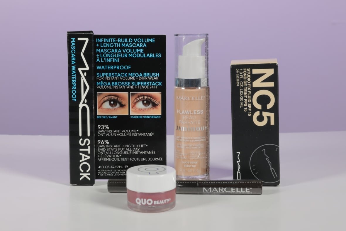 marketplace-products-with-pfas Five make up products: Mac's waterproof stack mascara, Quo's eyeshadow, Marcelle's flawless foundation, Marcelle's liquid eyeliner, and Mac's studio fix fluid foundation.
