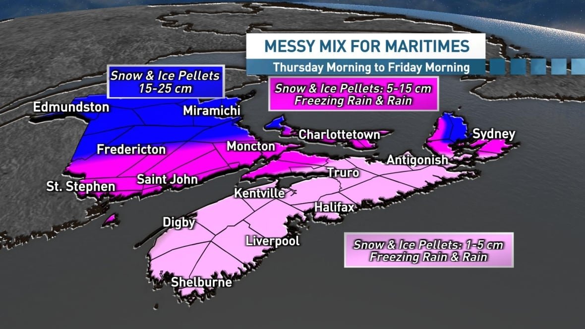 messy-storm-feb-13 A graphic shows how much precipitation the storm could bring to the Maritimes.