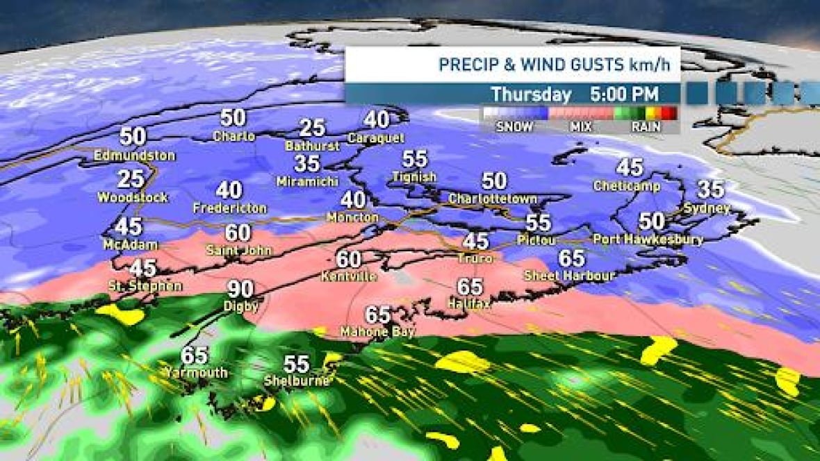 A map of New Brunswick and Nova Scotia. New Brunswick is shaded blue, indicative of snowfall according to the legend, with the southern region shaded pink, meaning a mix of precipitation. Nova Scotia is shaded mostly pink with Yarmouth and Shelburne areas green and yellow for rain.