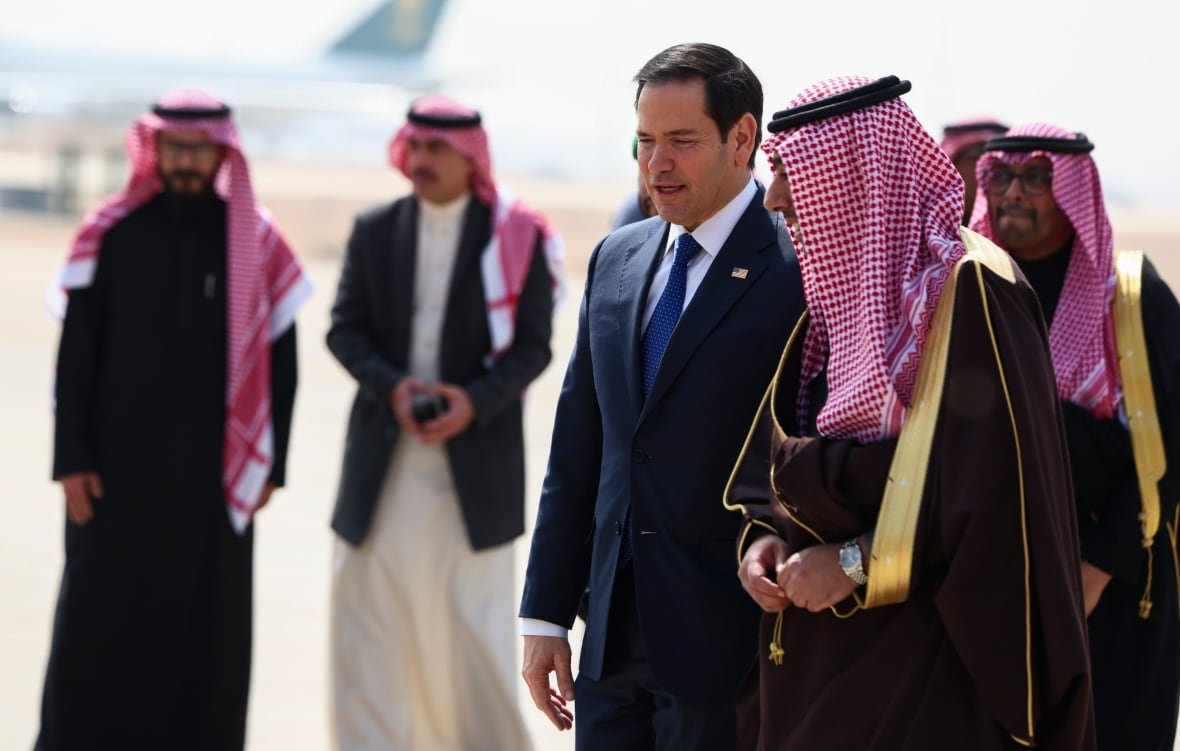 U.S. Secretary of State Marco Rubio, foreground left, arrives at King Khalid International Airport in Riyadh, Saudi Arabia on Monday.