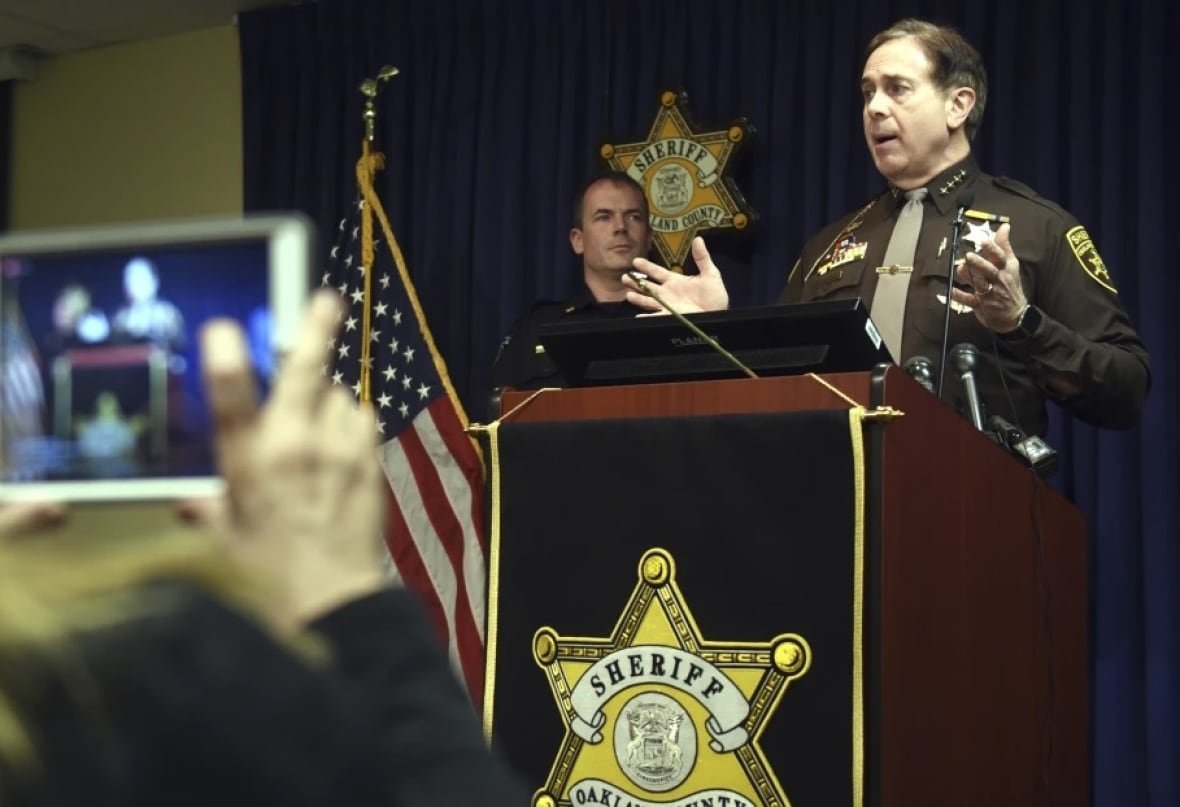 Oakland County Sheriff Mike Bouchard is shown during a Feb. 1, 2025 news conference.