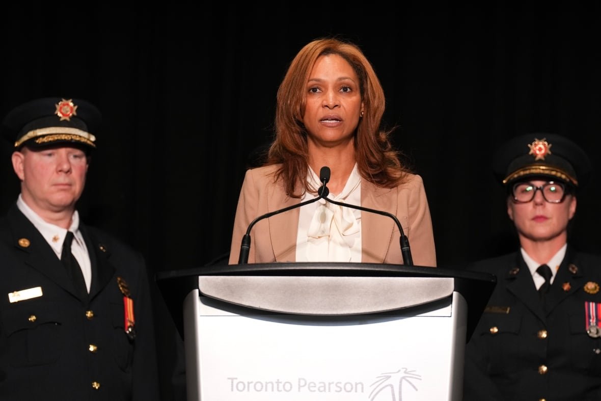 Toronto Pearson President and CEO Deborah Flint speaks to the media at Toronto Pearson Airport on Tuesday Feb. 18, 2025. A Delta Air Lines plane heading from Minneapolis to Toronto crashed and flipped on the tarmac at Pearson airport on Monday afternoon, injuring multiple passenger. THE CANADIAN PRESS/Chris Young