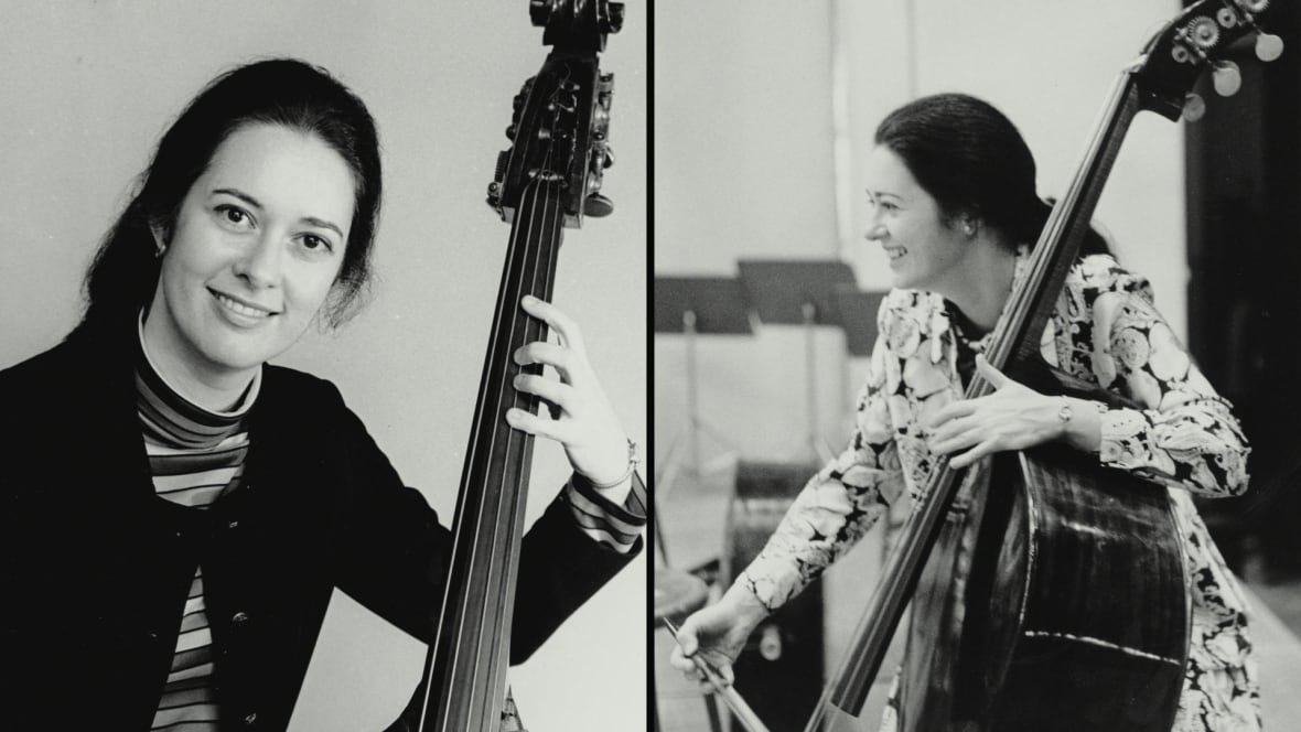 Side-by-side black and white images of a young woman with long hair playing a double base.