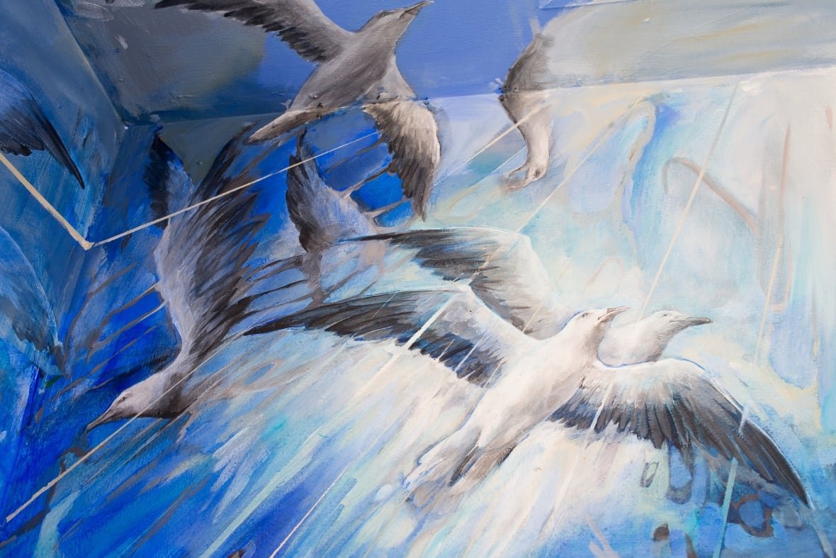 part-of-painting-nest-by-deanna-musgrave A painting of white and grey birds with their wings outstretched