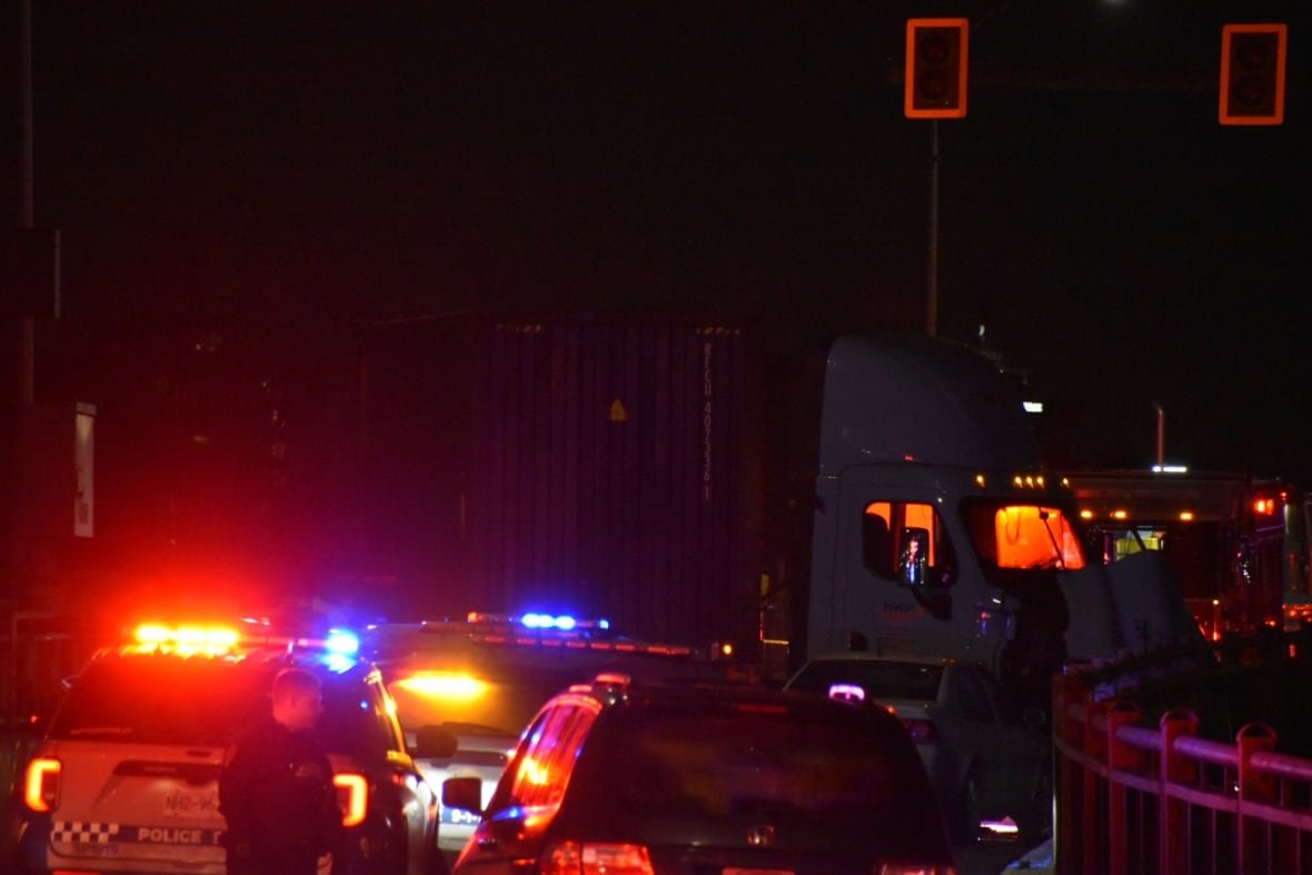Police cars are seen at night on a bridge.