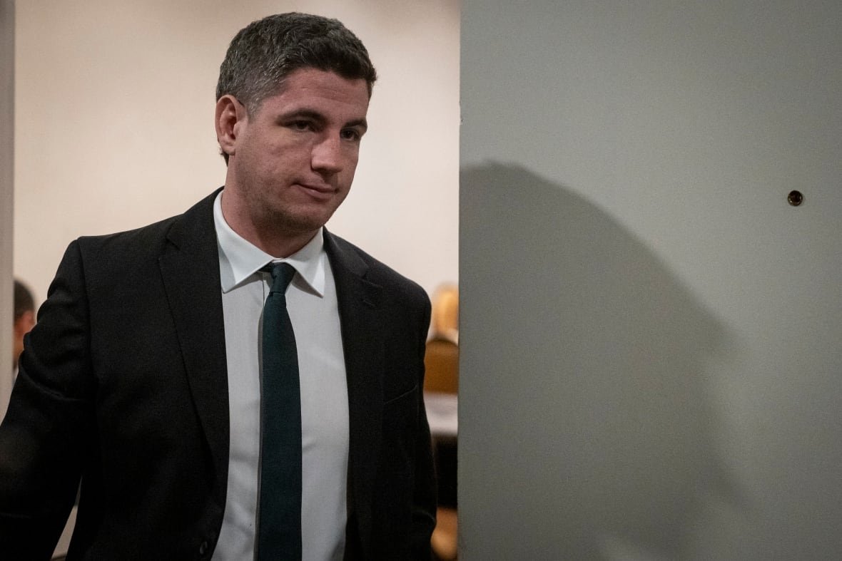 RCMP Const Const. Ian Solven leaves a code of conduct hearing where he faces dismissal over his alleged involvement in a private chat group.