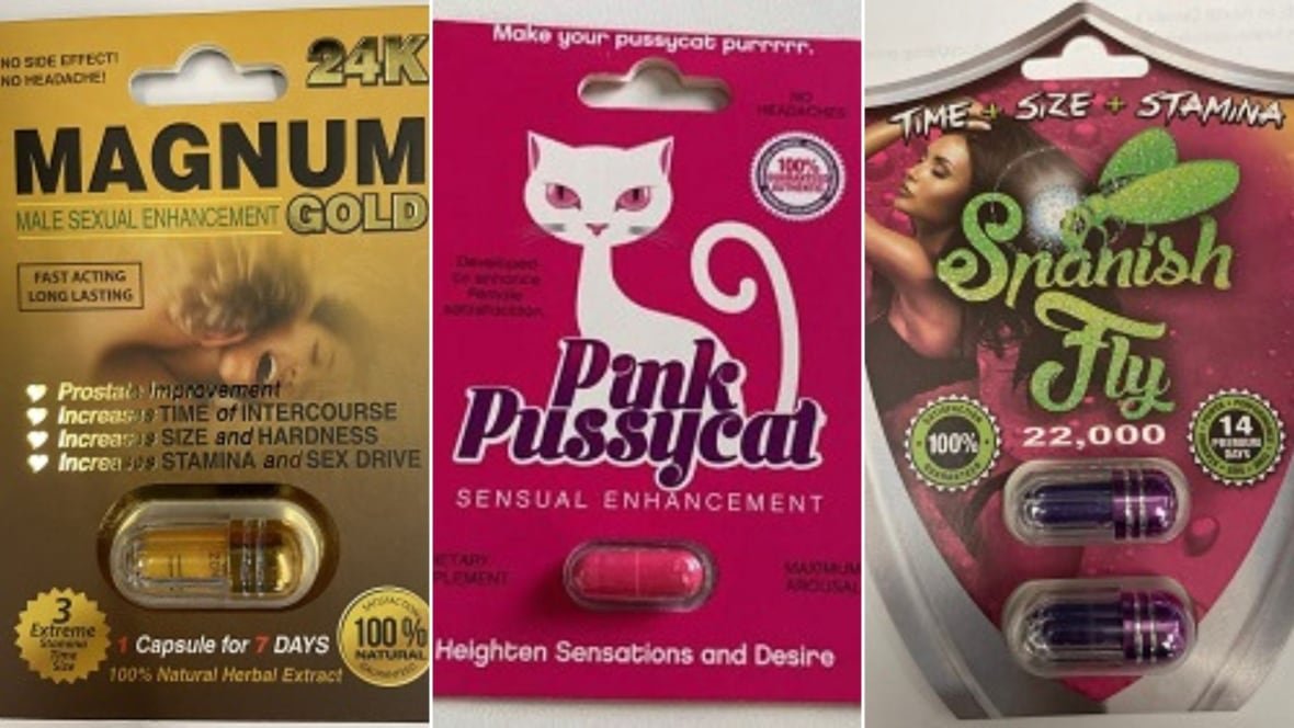 A compilation of three packets of sexual enhancement supplements. The first says Magnum Gold, the second says Pink Pussycat, the third says Spanish Fly