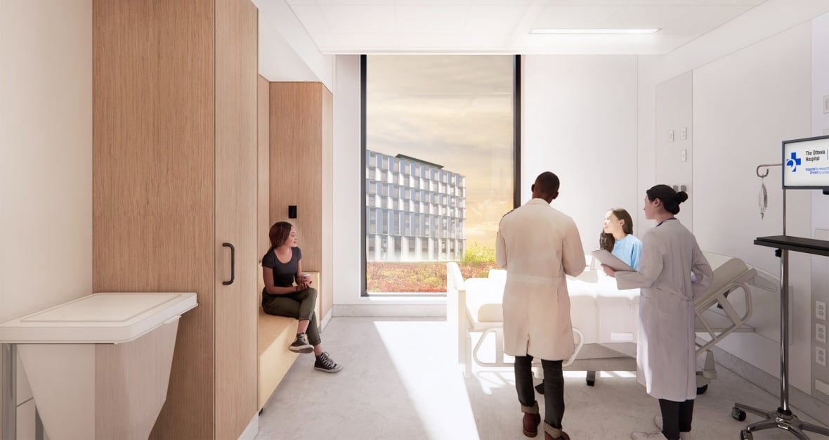An artist drawing of a patient room at the future Civic campus with just one bed and big windows.