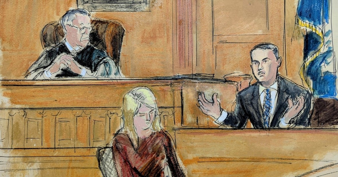 A drawing shows a courtroom where a judge is looking towards a man in a suit who is sitting in the witness box and gesturing while speaking. A woman is pictured in the foreground with her head down and her hands in a writing or typing position.
