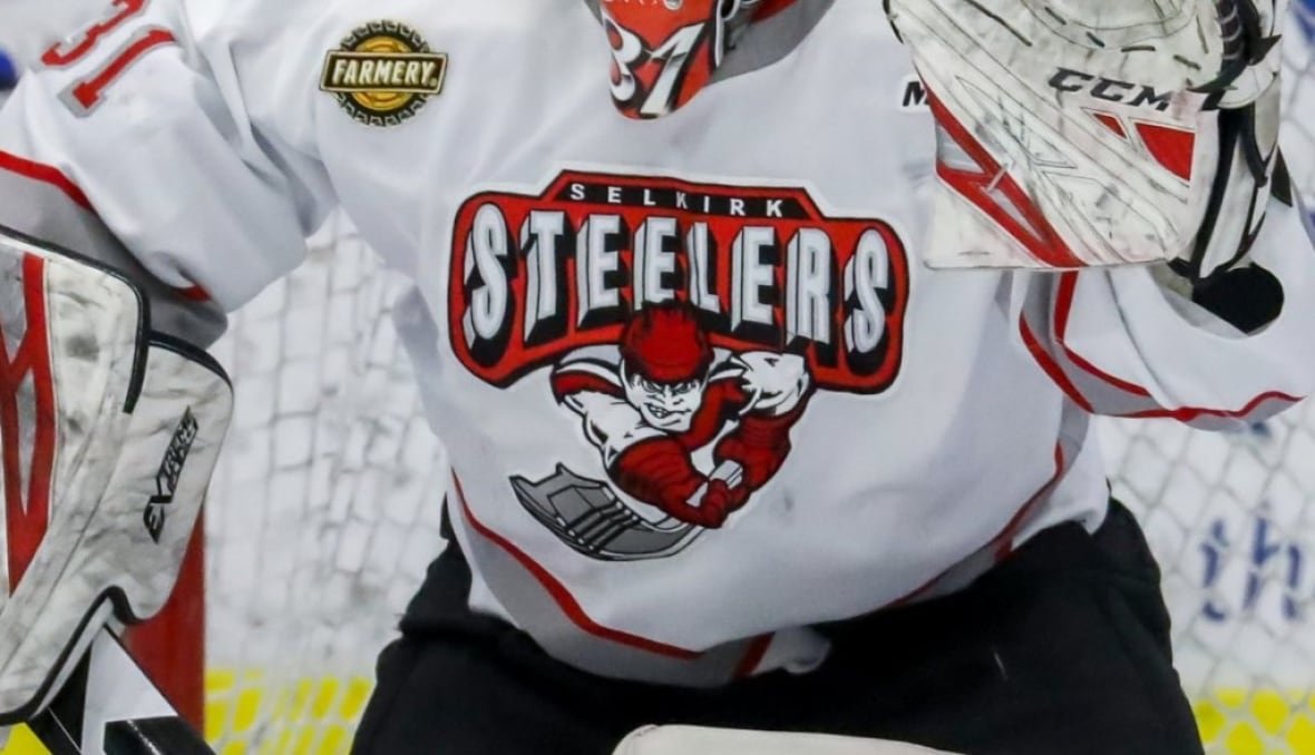 Close up of a hockey goalie, showing his jersey but not his face