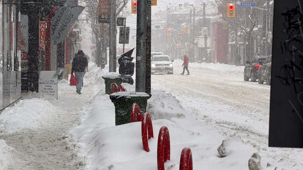 snowy-toronto-feb-16-1 On a snowy Toronto city street, a person tries to walk through a slushy sidewalk. Snow is piled on the curb. Cars wait at a red light