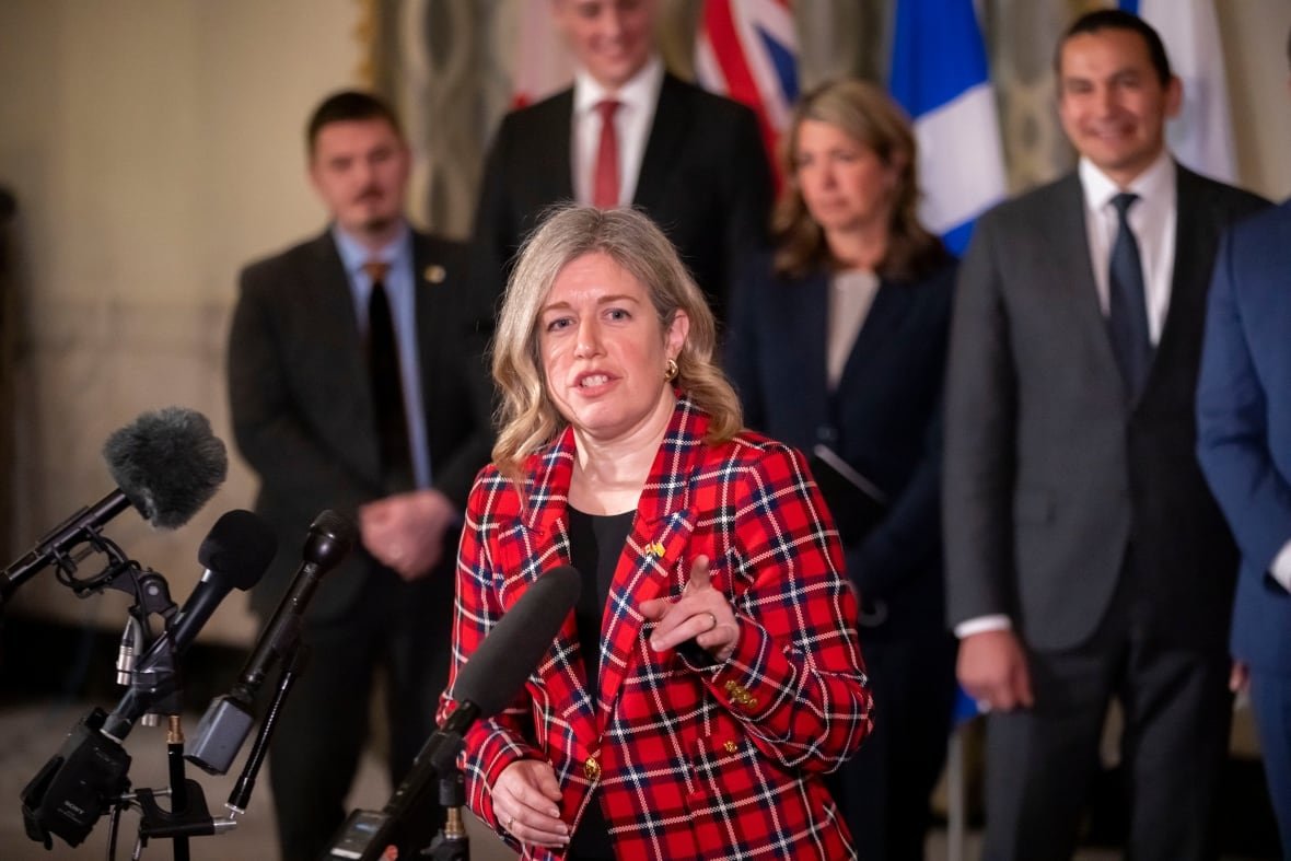 A woman in a red plaid jacket gestures while speaking before a series of microphones.