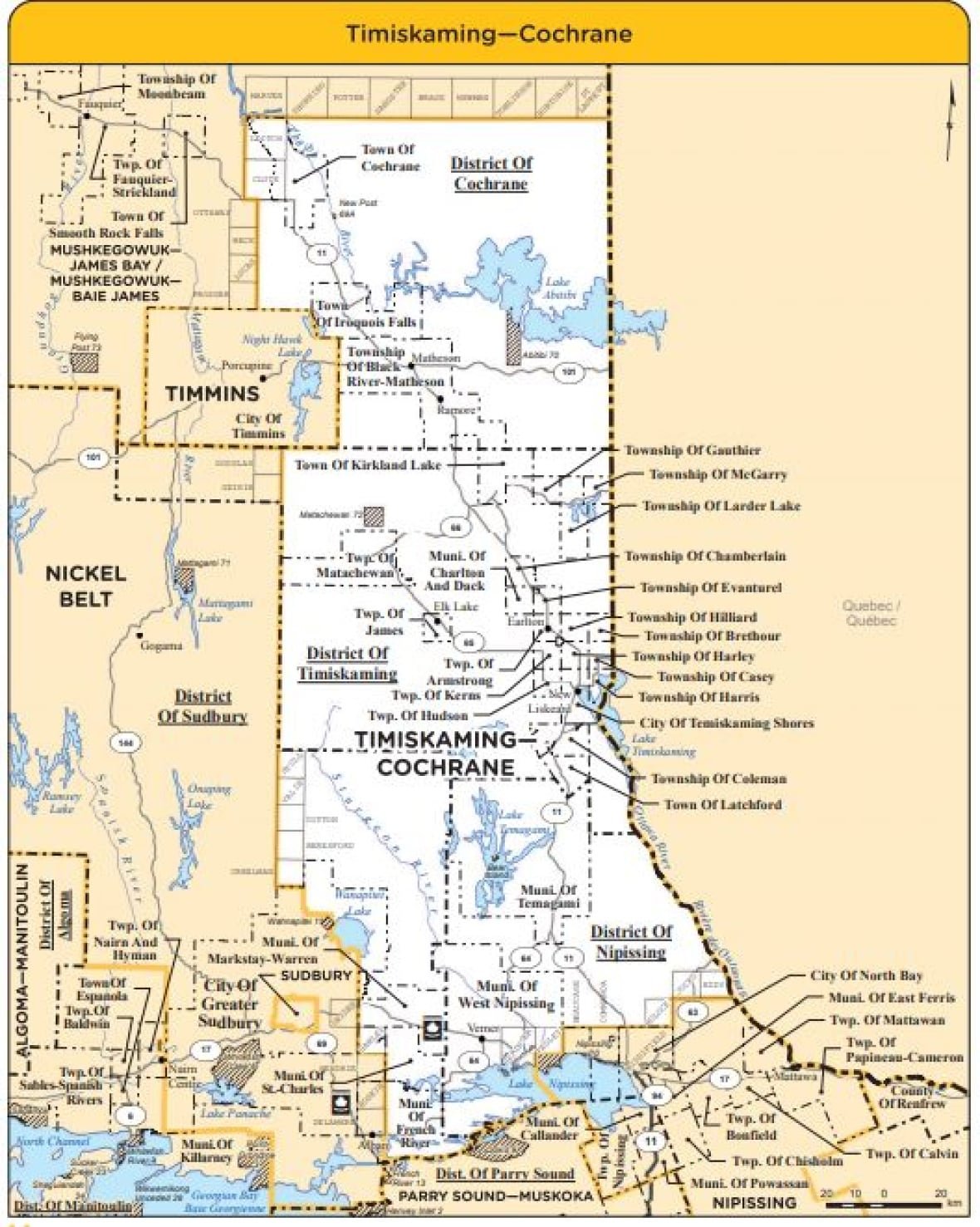 a riding map of the Timiskaming-Cochrane area