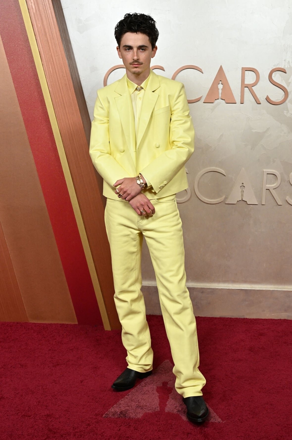 timothee-chalamet-attends-the-97th-annual-academy-awards-at-the-dolby-theatre Timothée Chalamet on the red carpet wearing a light yellow leather suit.
