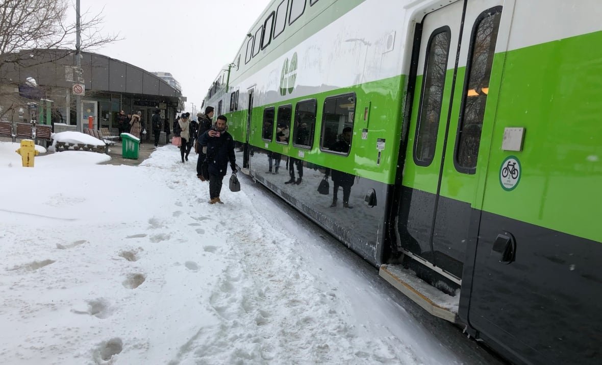 A GO Train is stationed at a snowy platform in Toronto during a grey day. A handful of commuters walk the platform