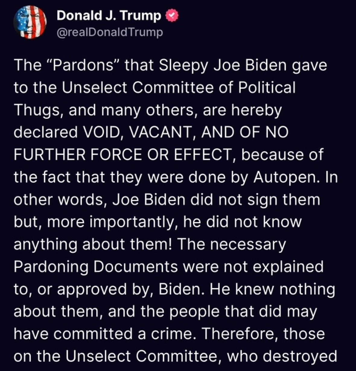 trump-truth-on-denying-pardons Picture of Trump post on Truth social