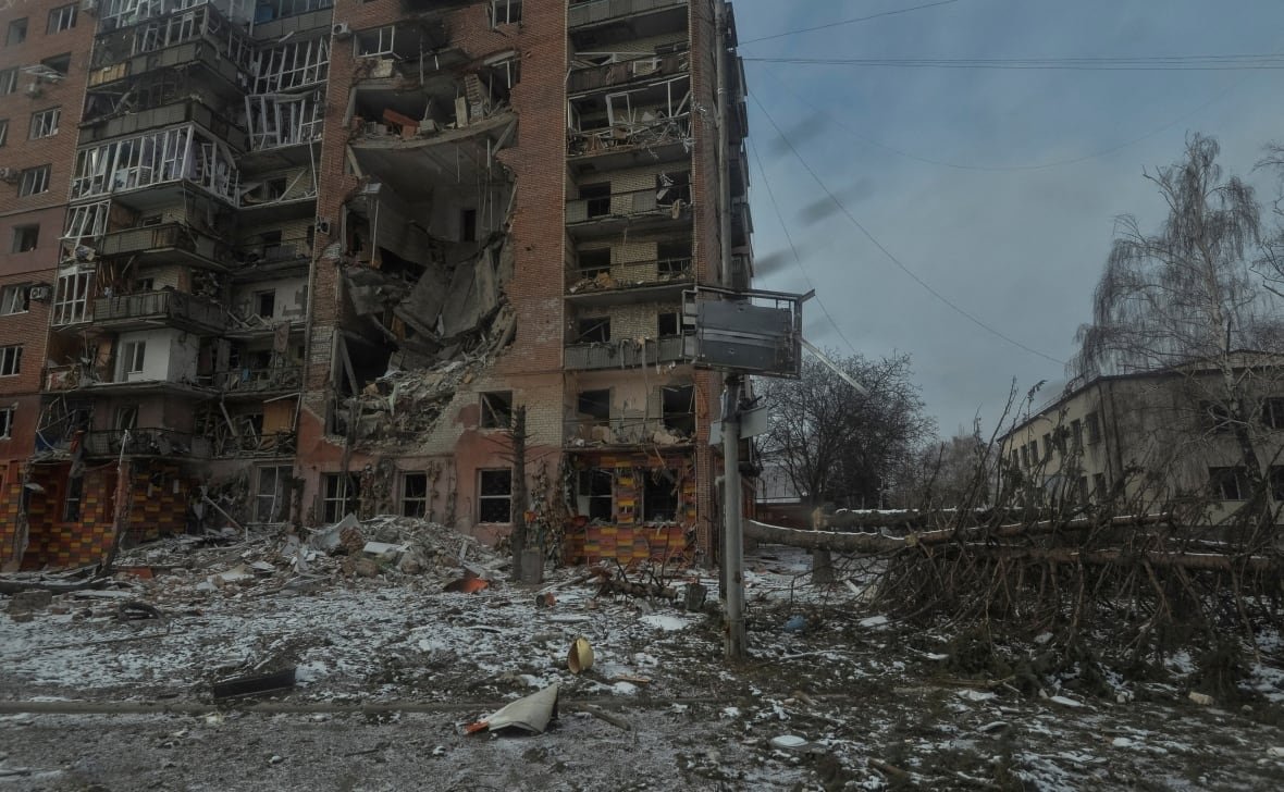 FILE PHOTO: A view shows an apartment building damaged by Russian military strikes, amid Russia's attack on Ukraine, in this picture taken from the window of an armoured vehicle, in Pokrovsk, Donetsk region, Ukraine February 7, 2025.