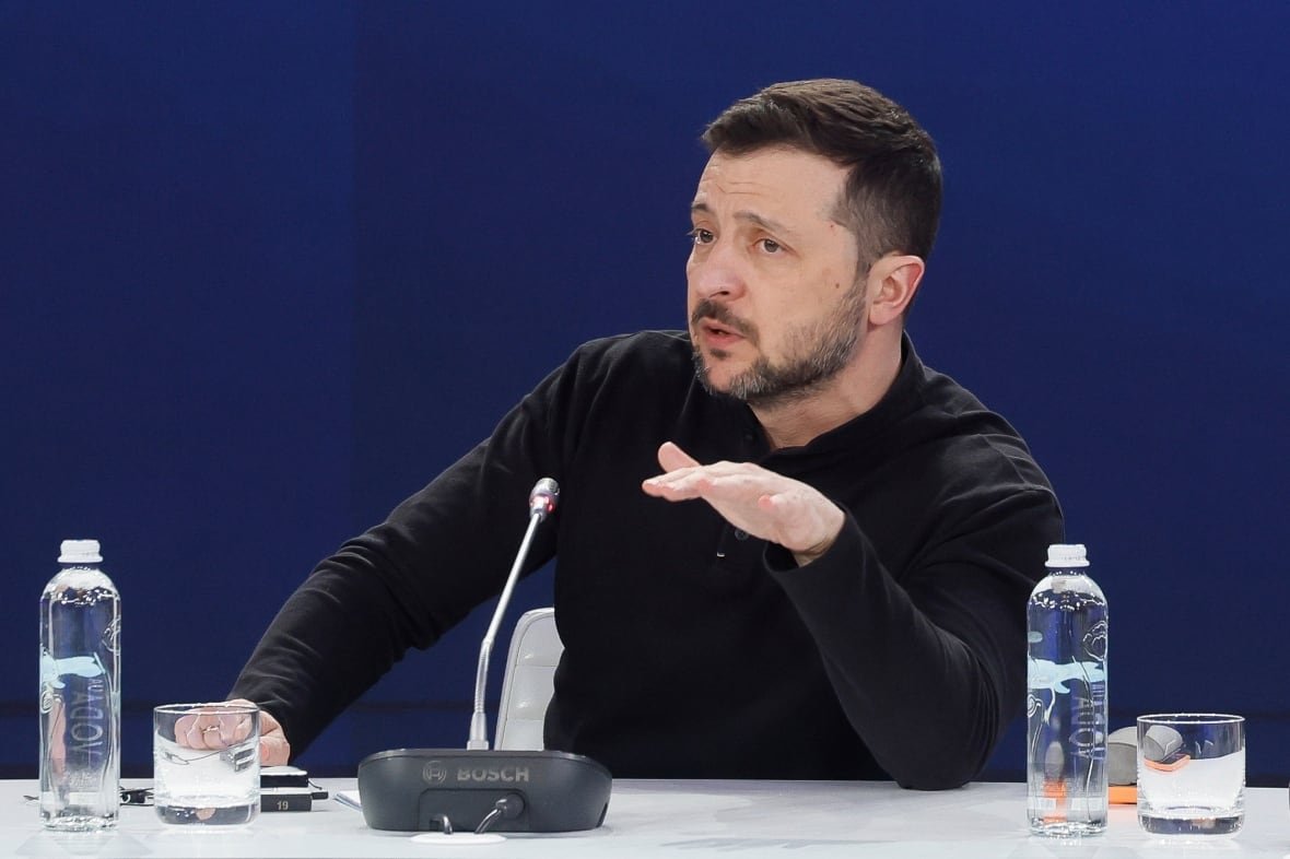 Ukrainian President Volodymyr Zelenskyy gestures while speaking in Kyiv.