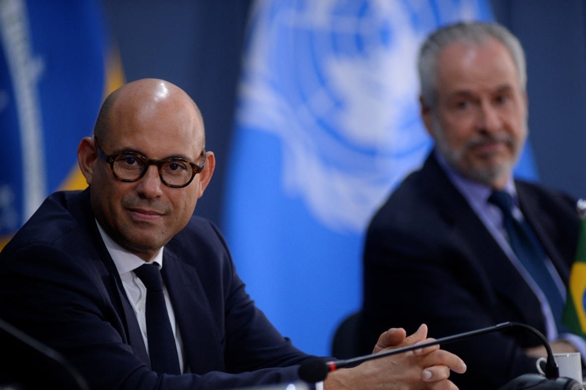un-climate-stiell Simon Stiell, the U.N's top climate official, speaks during an event with the newly announced COP30 President Ambassador Andre Correa do Lago, in Brasilia, Brazil. Brazil is hosting the COP30 climate conference in Belem this November.