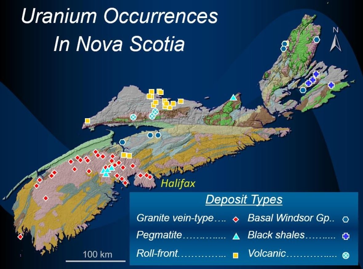 uranium-occurrences-in-nova-scotia A map shows the occurrences of uranium in Nova Scotia.