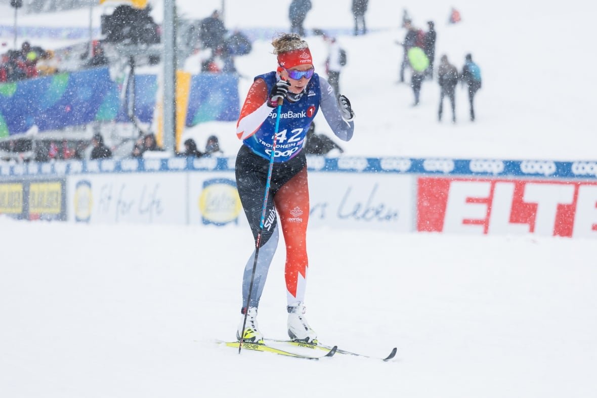 A female Para cross-country skier races in snowy conditions.