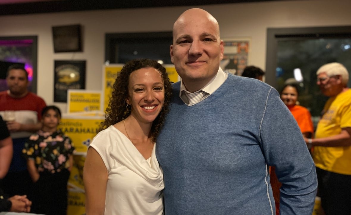 belinda-and-jim-karahalios-new-blue-party-ontario-1 A woman and man pose for a photo at a political post-election gathering