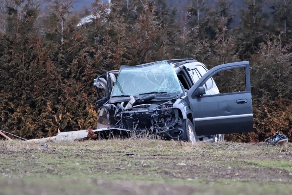 crash-abbotsford A crashed car is pictured on grass.