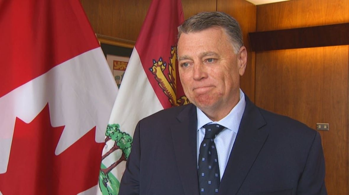 dennis-king-1 Man with blue jacket and tie standing in front of Canadian flag.