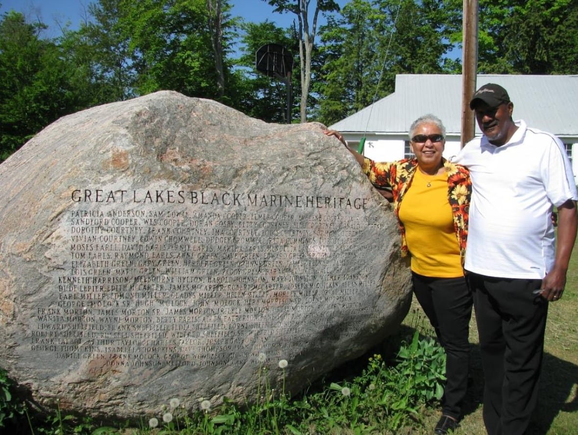 Dorothy Abbott (left) stands with her cousin, Steve Harris (right) at the Great Lakes Black Marine Heritage in Thornbury, Ont.