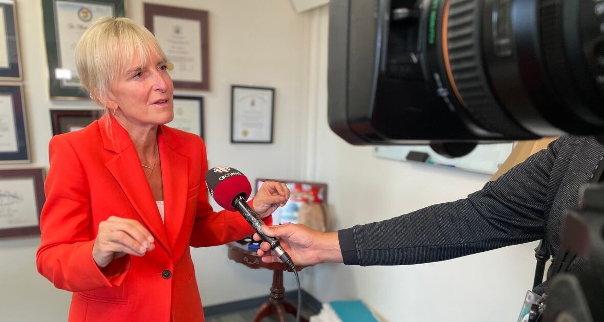 dr-heather-morrison A woman with blonde hair wearing a red suit speaks into a microphone and camera in an office.