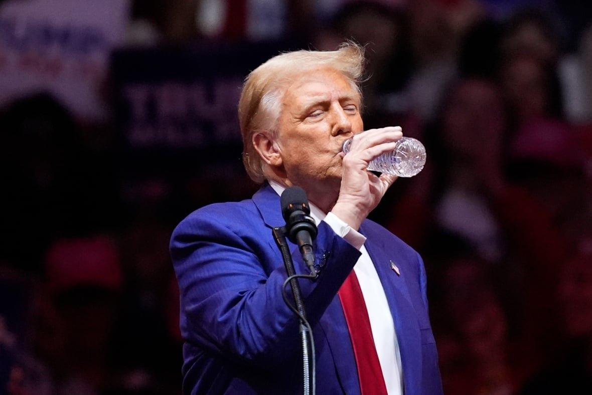 election-2024-trump U.S. President Donald Trump Republican presidential nominee former President Donald Trump pauses for a drink of water as he speaks at a campaign rally at Madison Square Garden, Sunday, Oct. 27, 2024, in New York. (AP Photo/Evan Vucci)