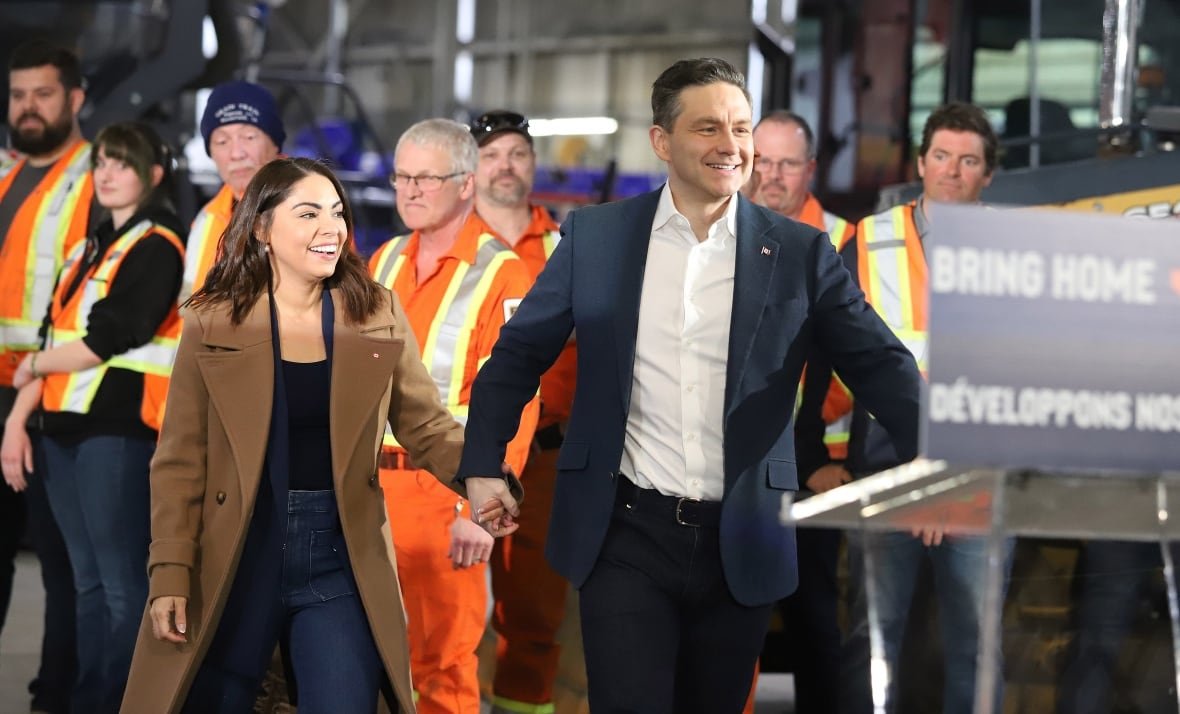 elxn-conservatives-20250319-1 Conservative Leader Pierre Poilievre and his wife Anaida are shown at Pioneer Construction in Sudbury, Ont. on Wednesday March 19, 2025.