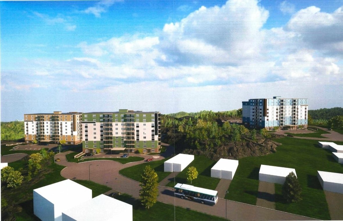 fieldstone-development A rendering of an image that shows three apartment buildings next to houses and rocks.