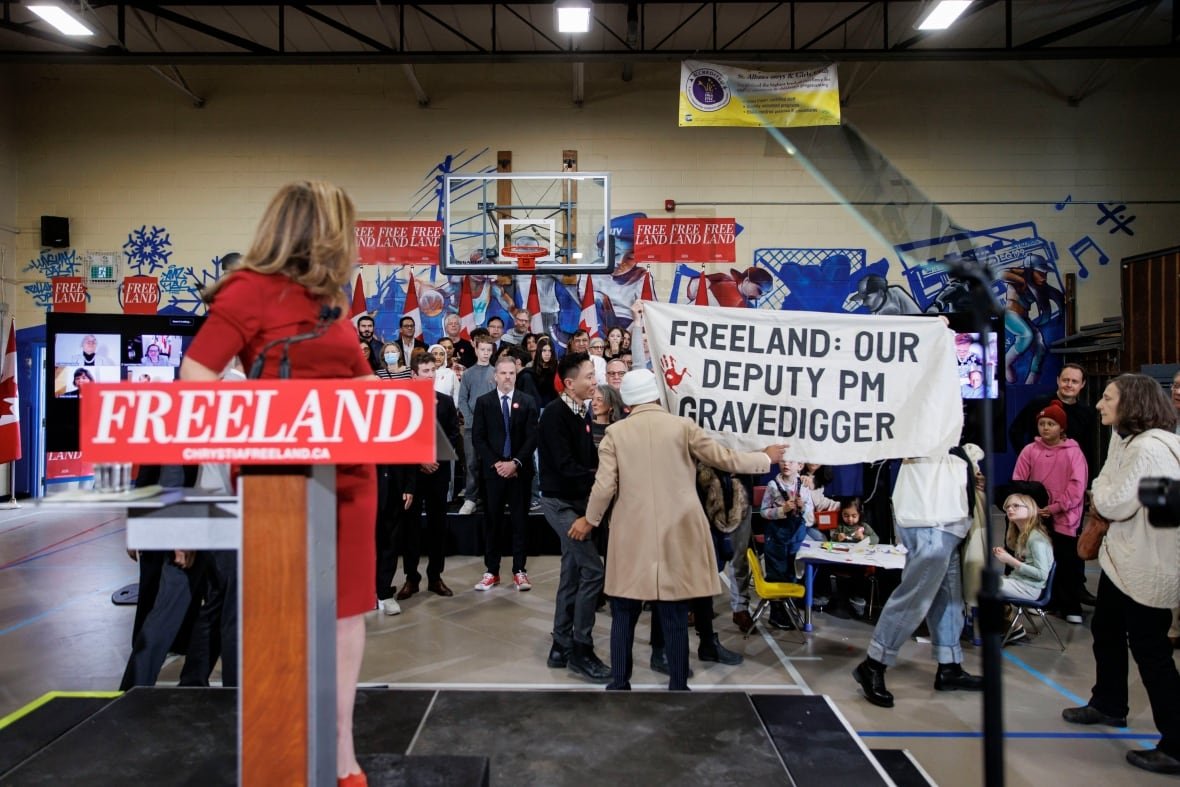 freeland-bid-presser Protesters interrupt Chrystia Freeland’s formal bid for Liberal Party leadership, and prime minister, at an event in her Toronto riding on Jan. 19, 2025.