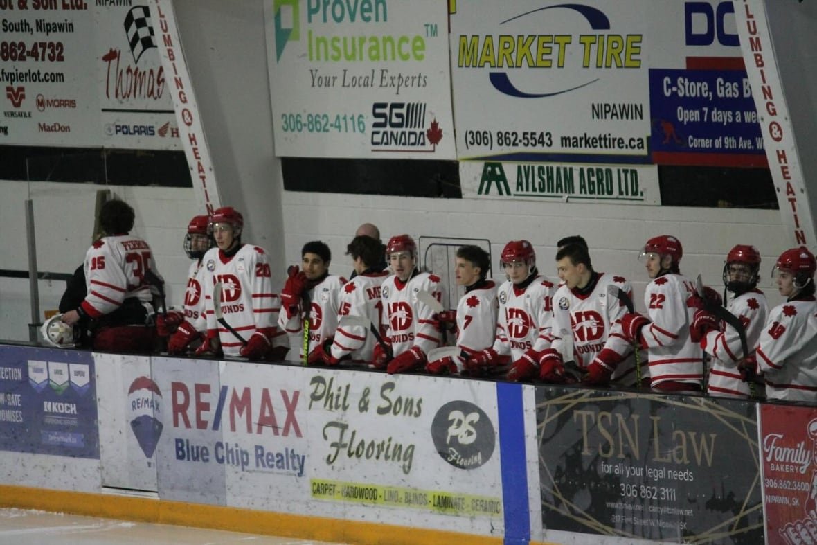 hounds-2 A hockey team stands on the sidelines.