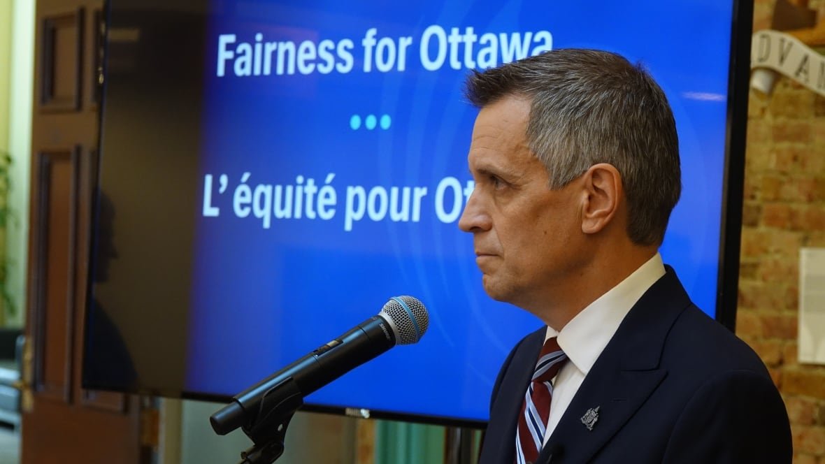 mark-sutcliffe-ottawa-mayor-2024 A mayor listens behind a microphone. A sign behind him says 'Fairness of Ottawa.'