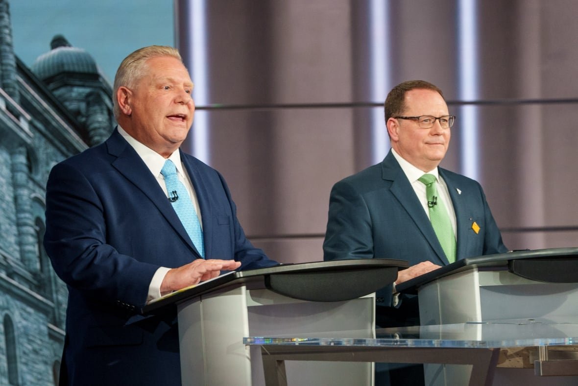 Progressive Conservative Leader Doug Ford, and Green Party Leader Mike Schreiner, are pictured during a debate between Ontario's major party leaders, in Toronto, on Feb. 17, 2025.