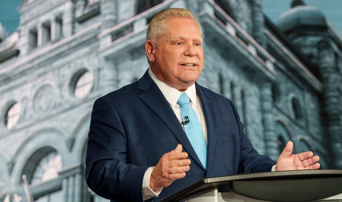 ontario-leaders-debate-2 Doug Ford at a podium with image of Queen's Park behind him.